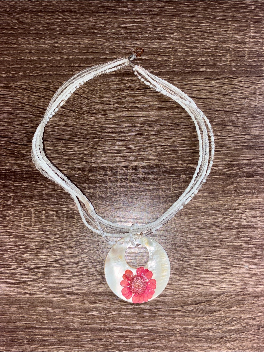 Vintage White Beaded Necklace with Pink Flower Shell Pendant